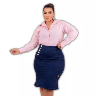 saia jeans feminina evangélica Sereia cintura alta Stretch Midi Moderna Levanta Bumbum