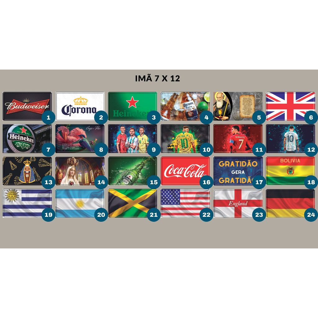 Kit 10 Imãs decorativos refletivos 7x12 modelos variados bandeira cerveja