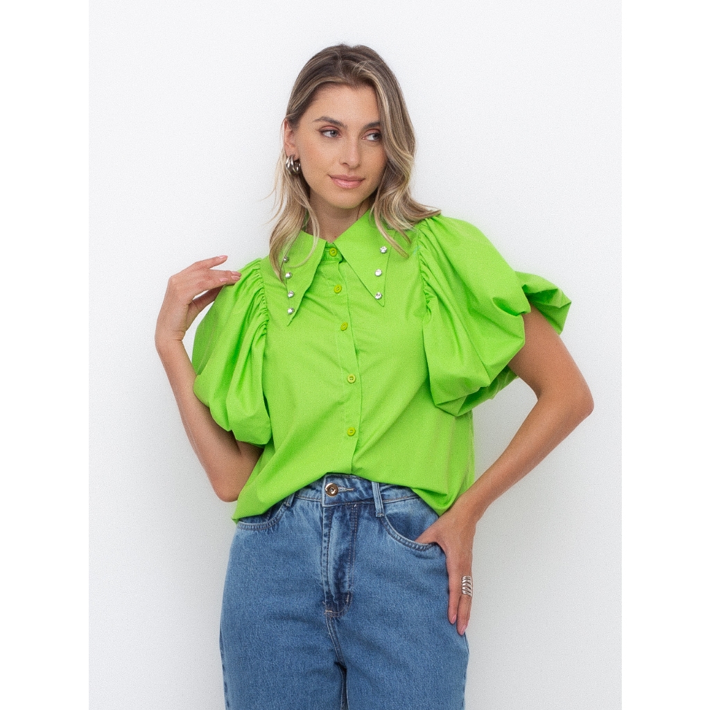 Beading chiffon camisas femininas verão lanterna sólido solto feminino - 880012