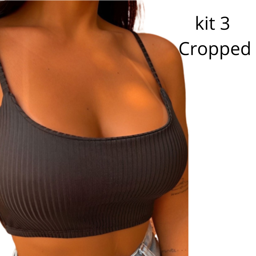 Kit 3 Top Cropped de Alcinha Canelado com Bojo Regata Feminina