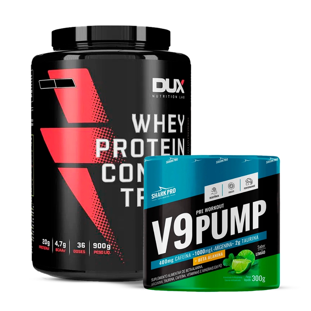 Kit Whey Protein Concentrado 900g Dux Nutrition + Pré Treino V9 Pump 300g Shark Pro