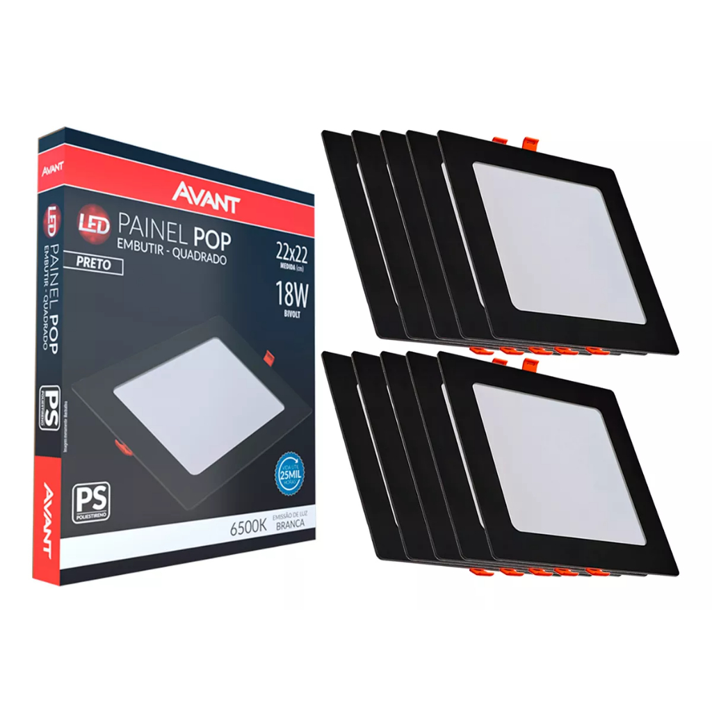 Kit 10 Painel Luminaria Plafon Led 18W Quadrado Preto Embutir AVANT Luz Branca 6500K 110/220V