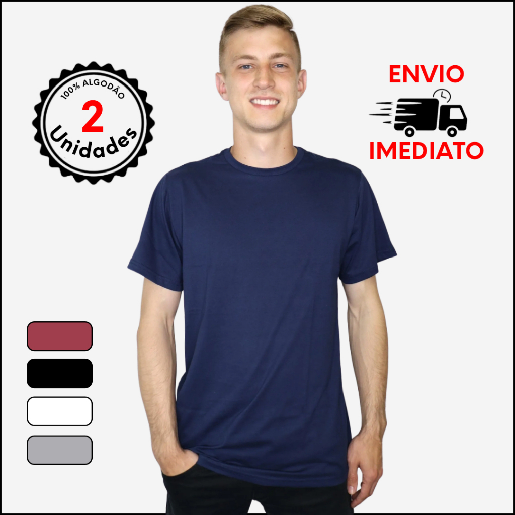 KIT 2 Camiseta Masculina Lisa 100% Algodão