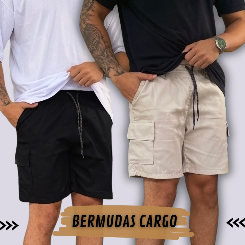 Kit 2 Bermuda Cargo Masculina Curta Street Casual Short Sarja Bolsos Laterais