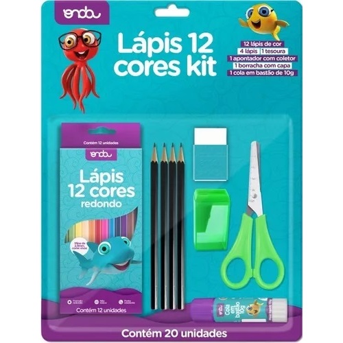 Kit Material Escolar Lápis Borracha Apontador Tesoura Cola