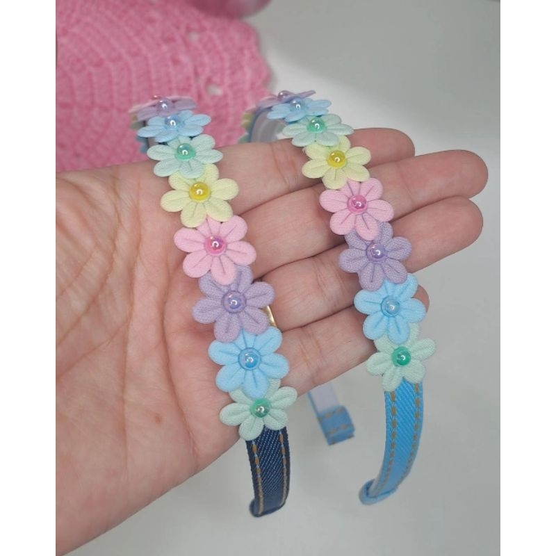 Tiara Infantil Jeans com Flores candy color Acessório de Cabelo Menina