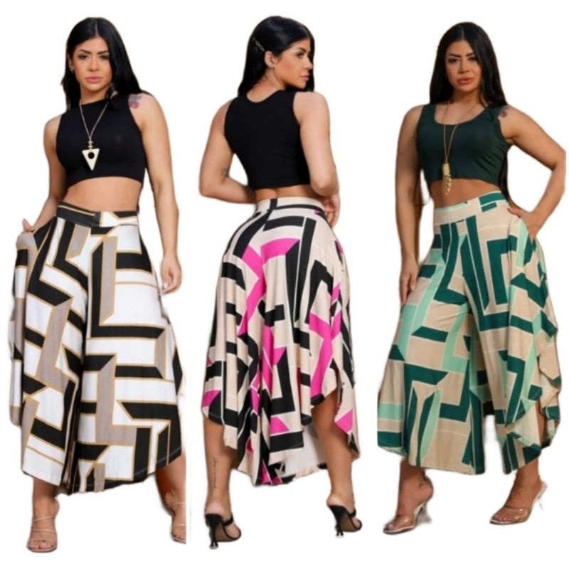 Calça Pantacourt Estampada e Lisa Tam. Único 40 ao 48