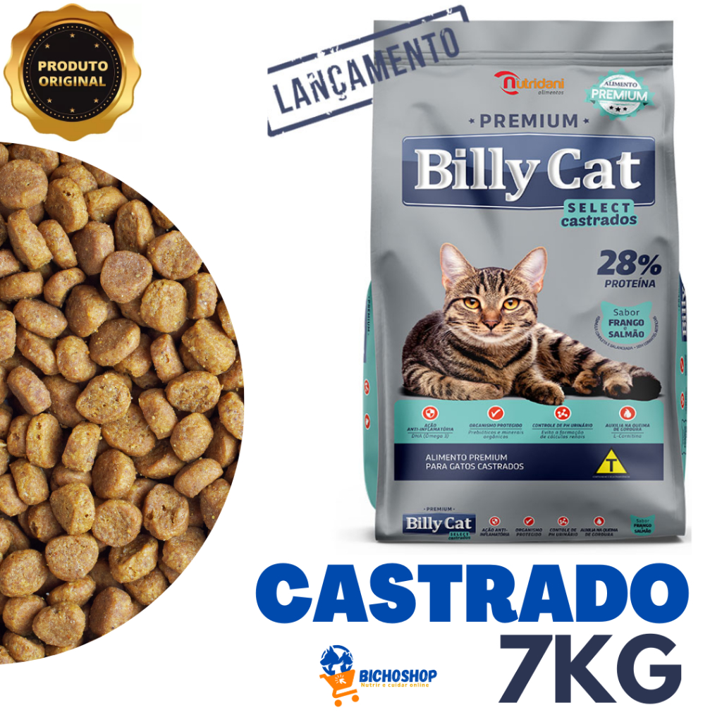 Ração para Gato Castrado Billy Cat Select 7 kilos Sabor Frango e Salmão ...