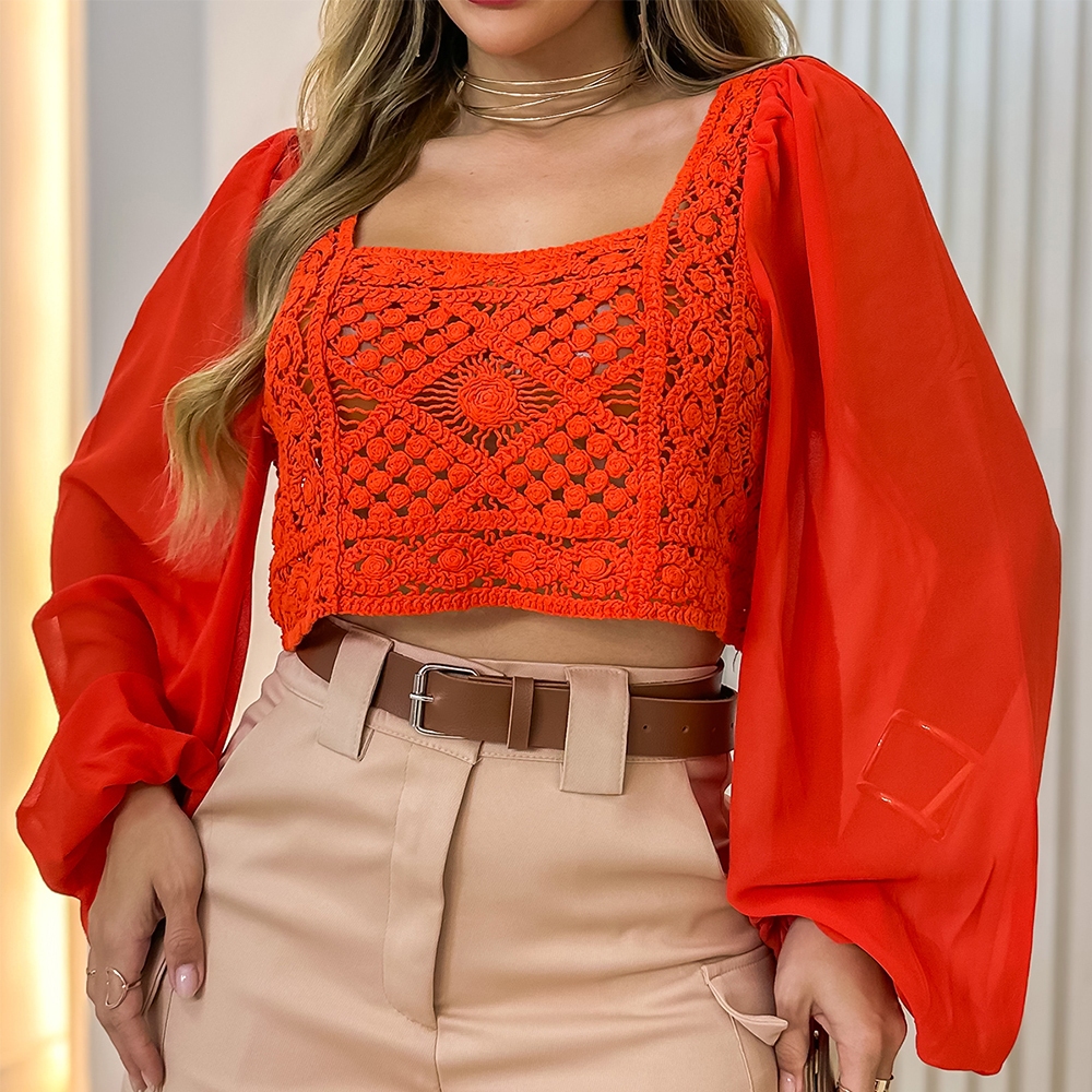 Cropped Crochê Manga Longa Bufante em Tule HQZ0-87 | Shopee Brasil