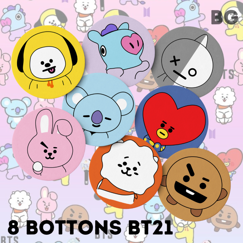KIT 8 BOTTONS PIN BT21 BTS KPOP BASE METAL 3,5CM | Shopee Brasil