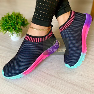 tenis feminino meia calça facil sem cadarço elastico caminhada atividades fisica academia