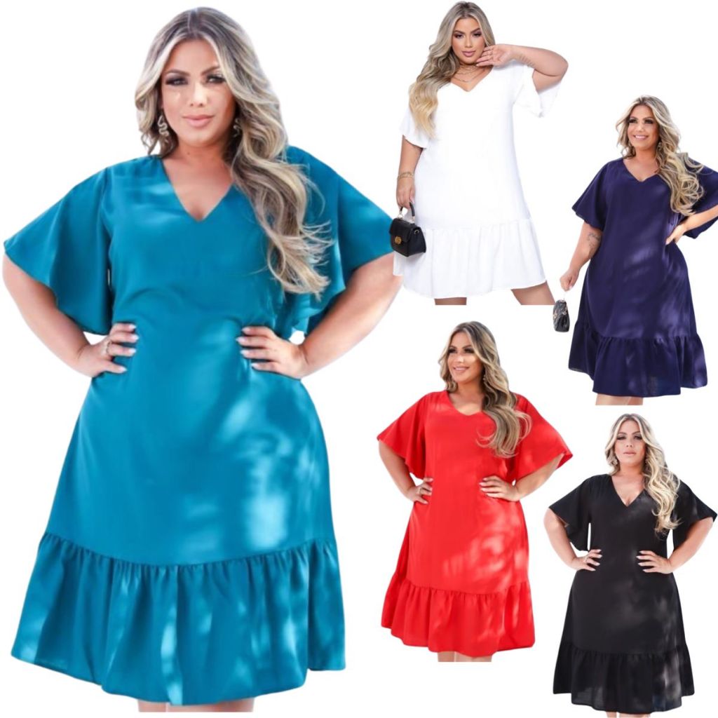 Vestido Feminino Solto Midi Gola V Viscose plus size com mangas ...