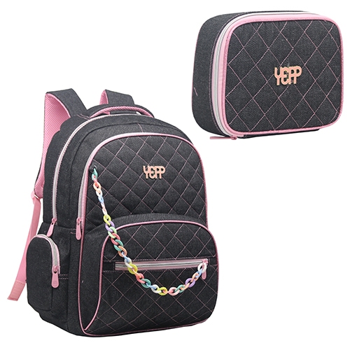 Estojo Box Mochila Jeans Feminina Escolar Kit Mochila Grande