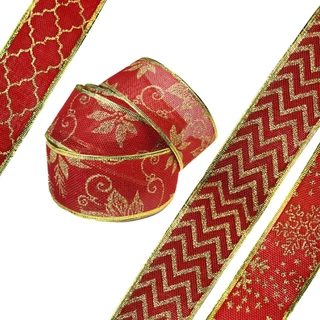 Fita Decorativa Grande Super Brilho 6,3cm x 9,15m Vermelha e Dourada com Gliter Borda Aramada Decoração de Natal | Laços | Enfeites