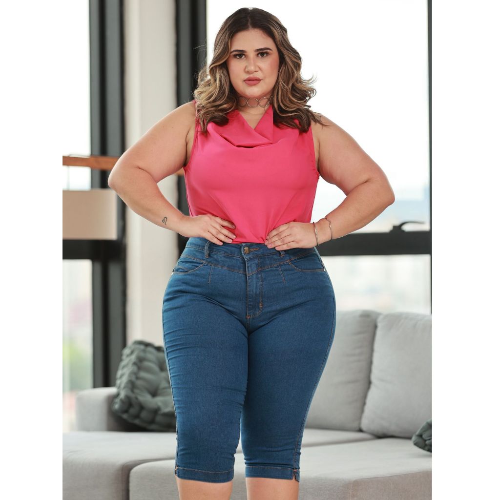 Calça capri Jeans Feminina Plus Size cintura alta moda atual c/ lycra 46 Ao  60