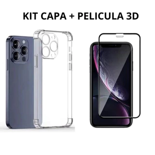 kit Capa Transparente Para iPhone 15 / 15 PLUS / 15 PRO e 15 PRO MAX + Pelicula 3D