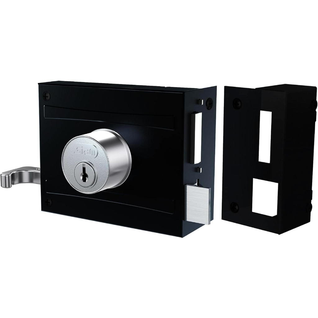 Fechadura Sobrepor Preta Externa, STAM, REF. 701/100 Espelho Inox