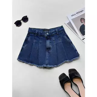 Short Saia Jeans Pregas Plissado Simples Bolso（forma pequeno)
