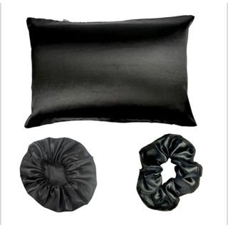 Kit 3 Pçs Cetim com Fronha, Touca e Xuxinha PRETO Antifrizz