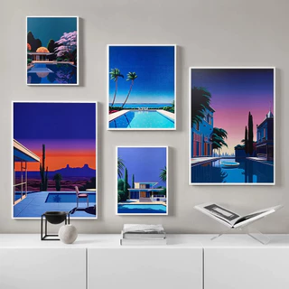 Quadro Retro Japonês Pop Poster, Home Decor, Wall Art,Museu Pictures, Hiroshi Nagai, Palm Springs, Sunset Pool Print