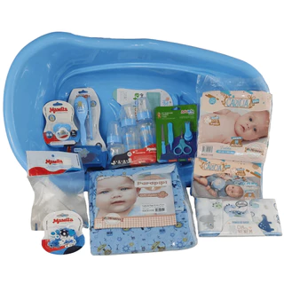 Kit Banho do Bebê Completo - Banheira de 20Litros Adoleta, Toalha de Banho, Mamadeira Mamita, Kit Fralda 5UN e Vários Ítens Para o Enxoval Banho Feliz de Bebê - Azul