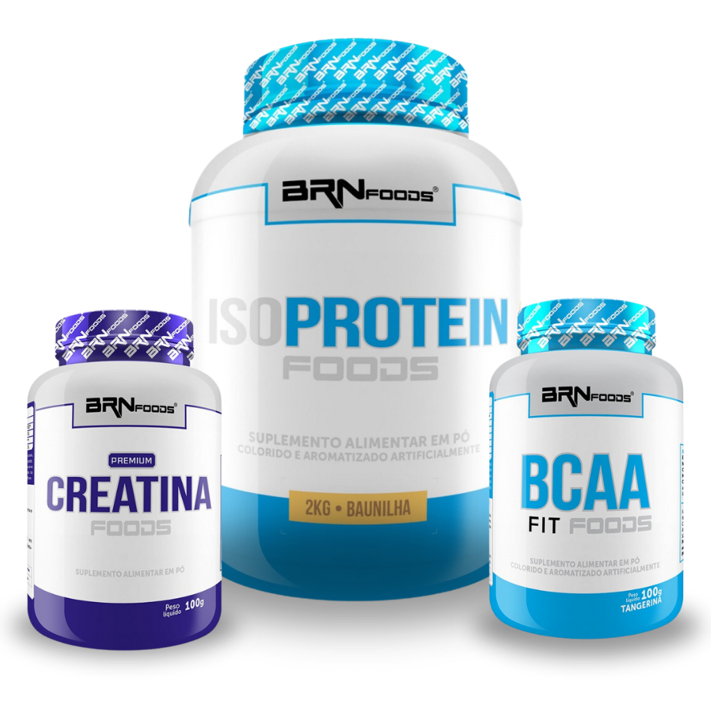 Kit Whey Protein Iso Protein Foods 2kg + BCAA 100g + Premium Creatina Foods 100g – BRN FOODS Suplemento para Definição e Performance