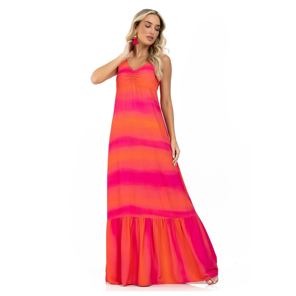 Vestido longo com babado na barra de viscose | Shopee Brasil