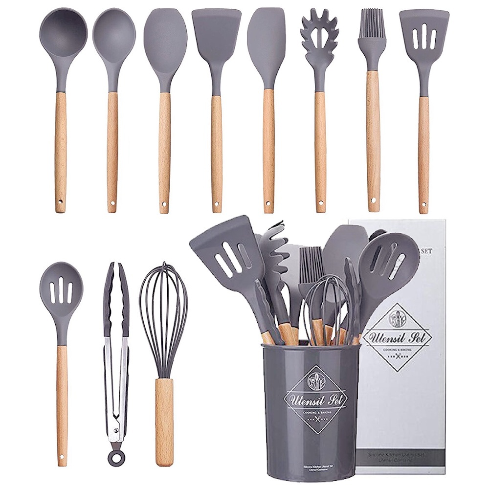 Kit 12 Utensílios De Cozinha Em Silicone E Cabo De Madeira
