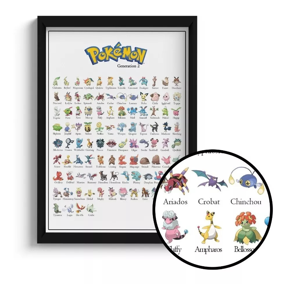 Quadro Todos Pokemon Da 2º Geração Com Moldura E Vidro