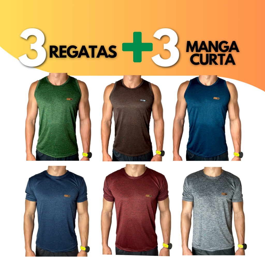 Kit 6 camisetas (3 Regatas+3 Manga Curta) Camiseta Masculina Dry Fit Camisa Malha Fria Fitness Academia