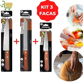 Kit Conjunto de Facas 3 Unidades Legumes Peixeira Carne e Pão Aço inox Para Cozinha