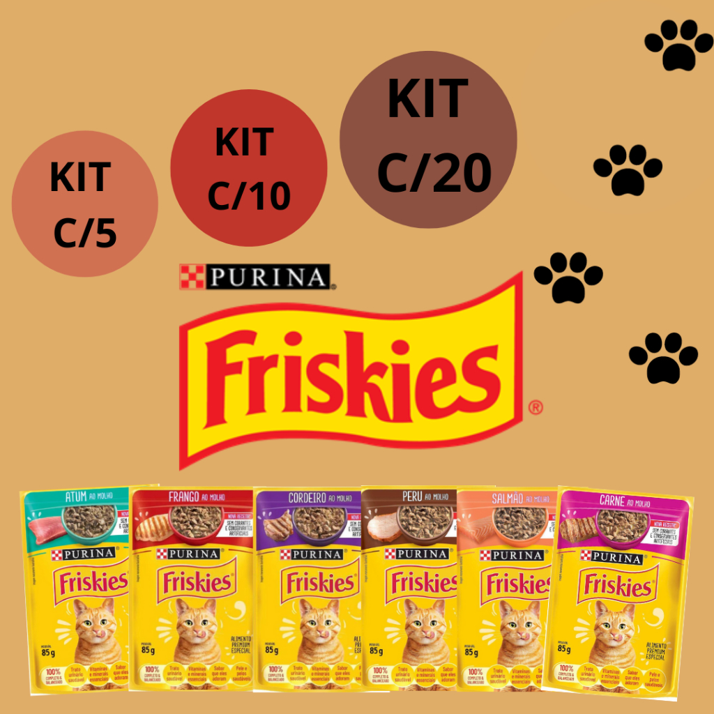 KIT COM 5, 10 , 20 SACHÊS FRISKIES RAÇÃO UMIDA GATOS 85G PURINA OPÇÃO DE MESMO SABOR E SABORES VARIADOS ESCOLHA OS SABORES POR MENSAGEM