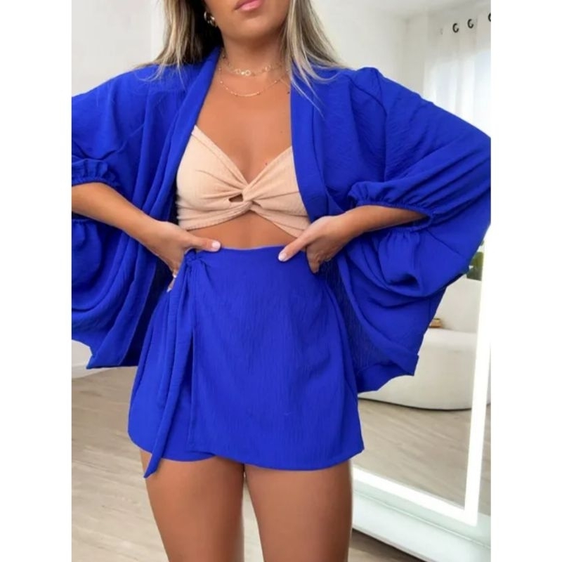 Conjunto saida de praia quimono e short saia kimono verão