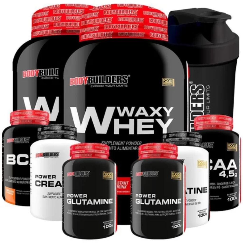 Kit 2x Waxy Whey Protein 900g + 2x Bcaa + 2x Creatina 100g + 2x Glutamina 100g + Coqueteleira – Kit de Suplemento para Definição e Performance