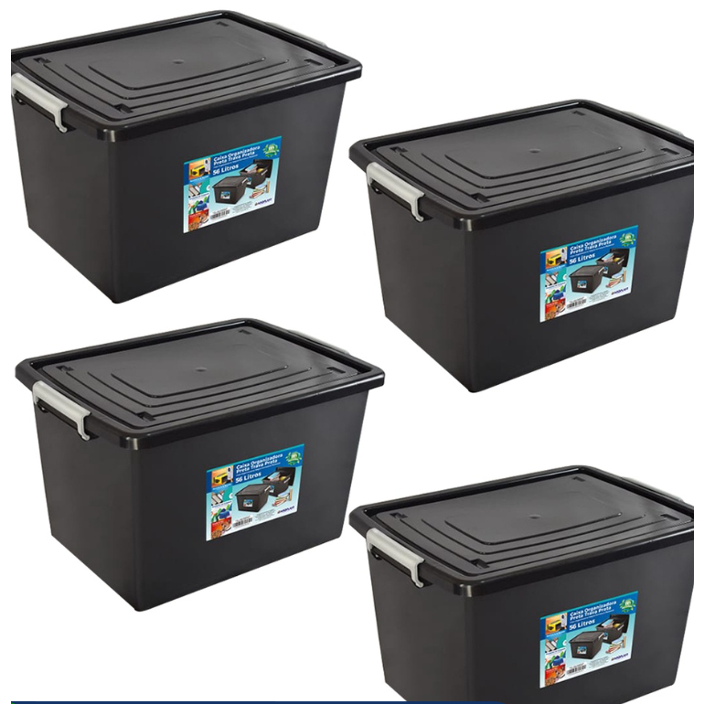 Kit 4 Caixas Organizadoras C/ Tampa e Trava 56 Litros Preta TOY