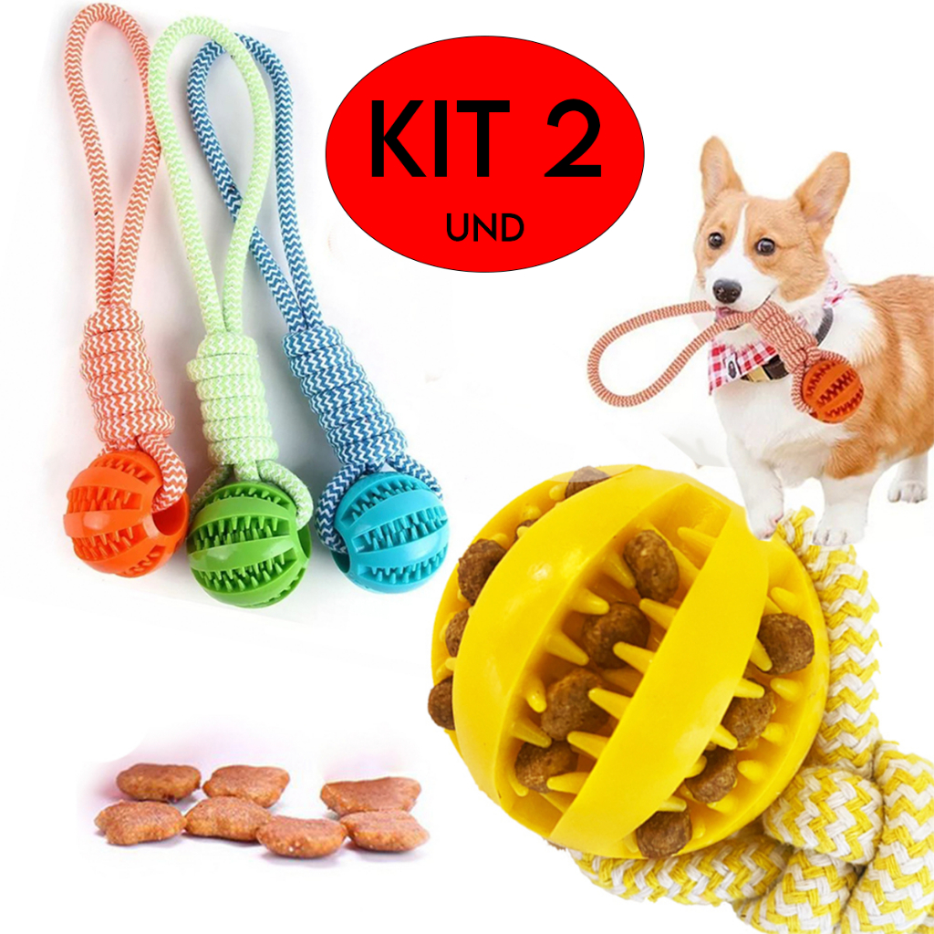 Kit 2 Brinquedo Mordedor Bola Multifuncional Porta Petisco Pet Ball Interativo Cachorro Cães Corda Pet