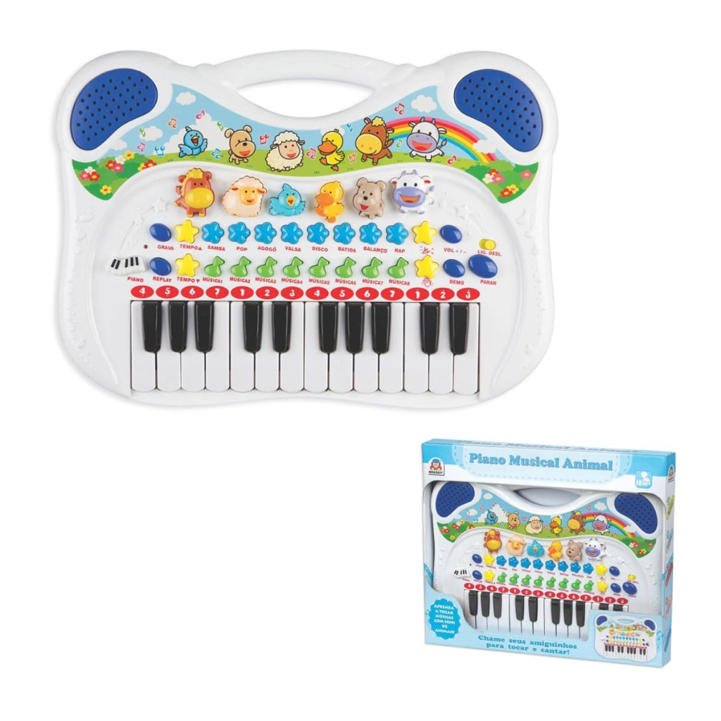 Brinquedo Piano Animal Branco com Sons de Animais e Led Canta Ia