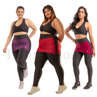 Roupa de Academia Calça Legging Feminina Suplex Fitness com Saia Tapa Bumbum  Plus Size 38 ao 52