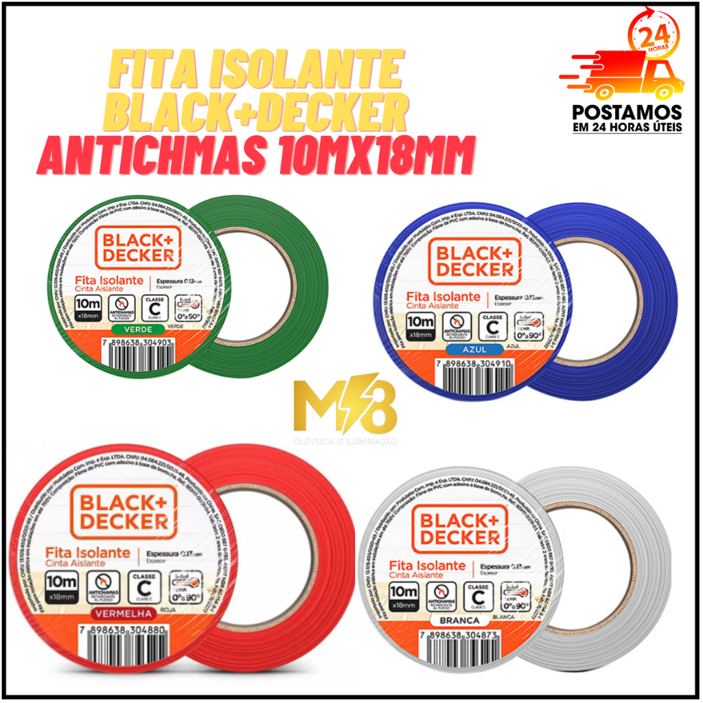 Fita Isolante Coloridas Antichama 18mmX10m Vermelha - Black + Decker Verde Azul Vermelha Branca
