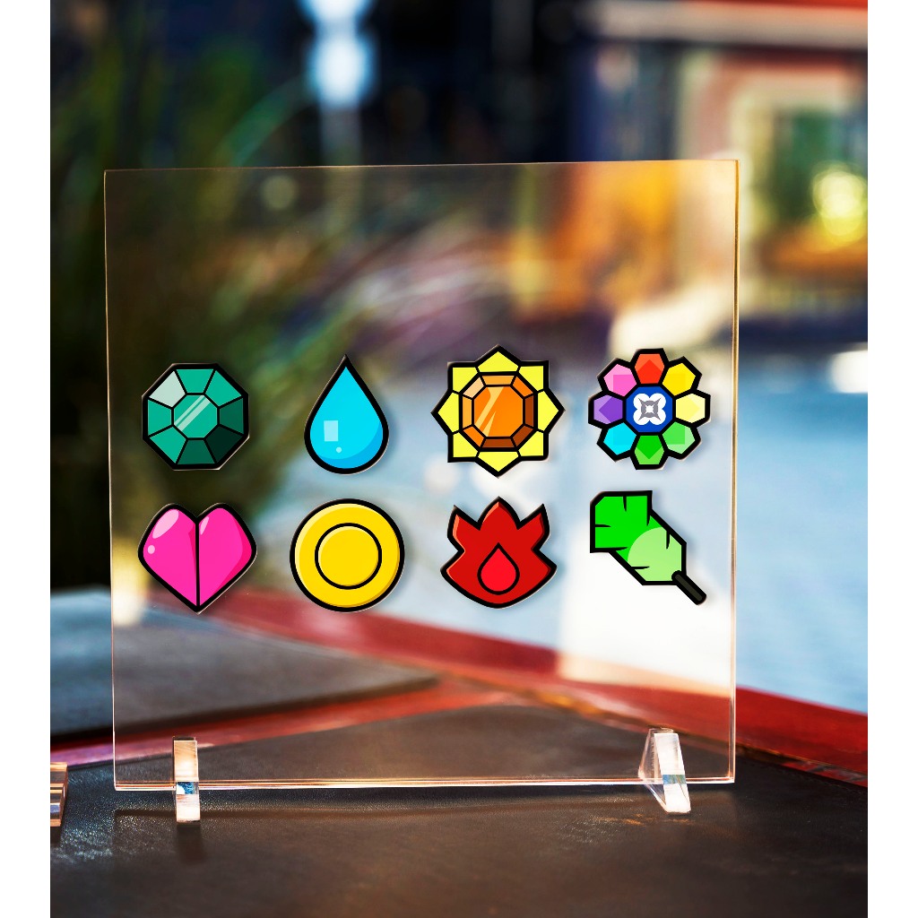 Quadro das Insígnias de Kanto do Pokémon acrílico transparente com suporte