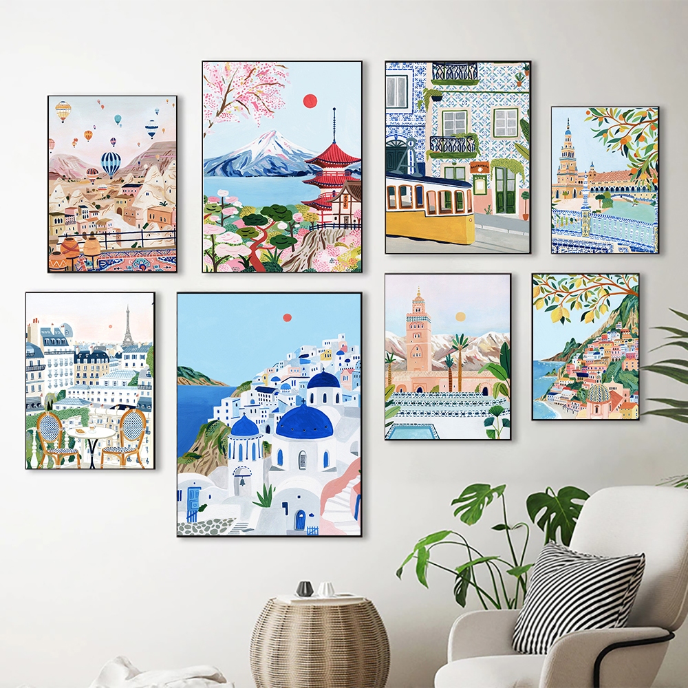 Quadro Nordic Vintage Travel City Poster, Paris, Lisboa, Japão Paisagem,Housewarming Gift, Wall Pictures, Home Decor