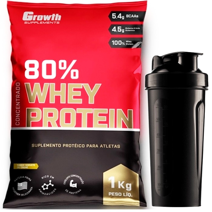 80% Whey Protein Concentrado – (Com Coqueteleira) – Pacote 1kg – Growth Supplements