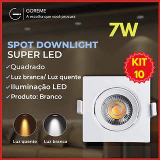 Kit 10 Luminária Spot Led Quadrado Direcionável 7W Embutir Gesso Teto | Branco Frio 6500K (Luz Branca) | Branco Quente 3000K (Luz Amarela) Bivolt Spot Super LED Pronta Entrega