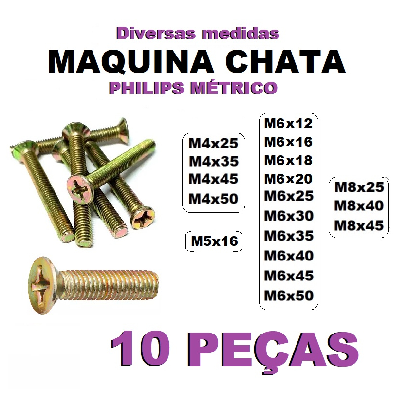 Parafuso M4 - M6 - M5 - M8 Rosca Maquina Métrico Cabeça Chata Philips - KIT 10 PEÇAS