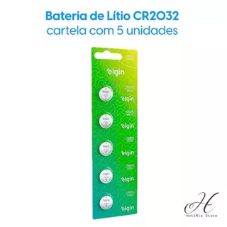 5 Baterias Pilha Botão /Controle - CR2032 3V Elgin Moeda 1 Cartela (Blister com 5) CR 2032 3 V