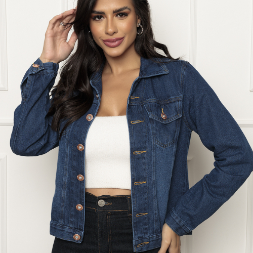 Jaqueta Jeans Feminina Simples 100% Algodão Elegante Casual