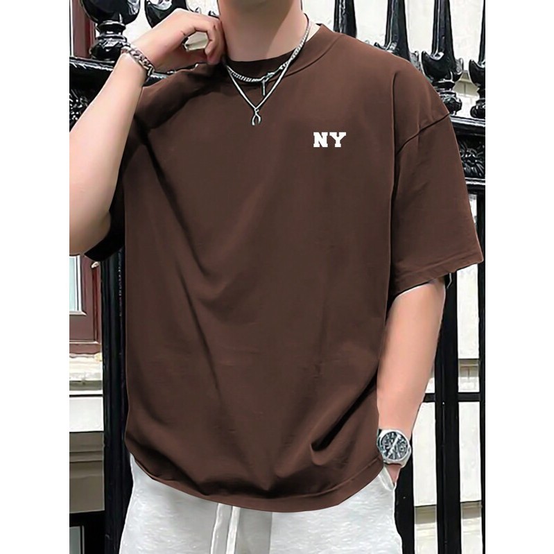 Camiseta Cores Terra Estampada NY Marrom Bege Branco 100% Algodão