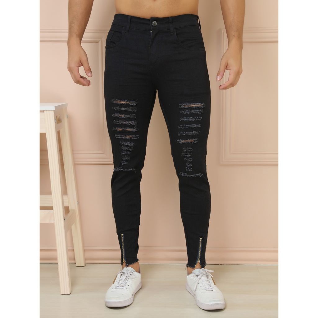 Calça Jeans Masculina Com Ziper Na Perna Preta Calça Masculina