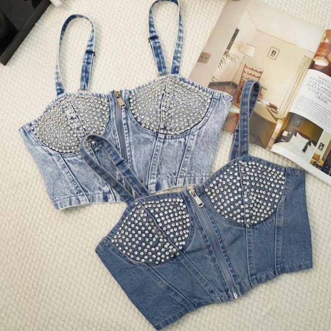 Cropped Jeans com Strass e Lastex M8817 | Shopee Brasil