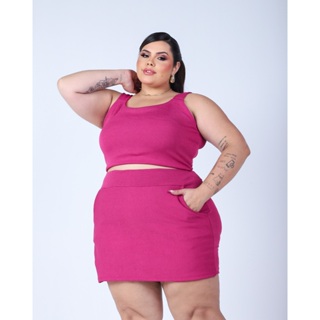 Conjunto Feminino De Cropped Alça Grossa E Short Saia Meia Coxa Plus Size Premium